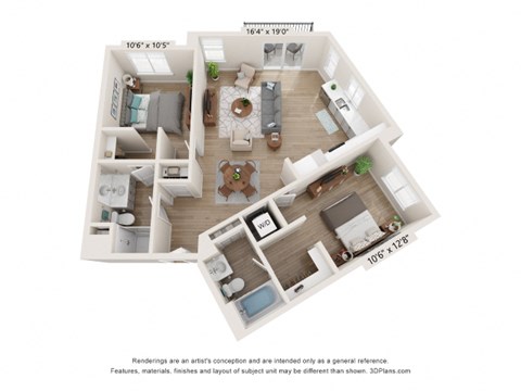 Floor plan for 2 beds, 2 baths, 1030 sqft